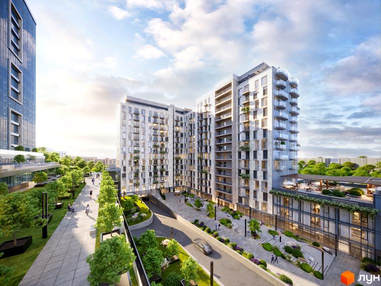 Високоповерхова новобудова ЖК Neboshill з панорамними вікнами та балконами. На території комплексу є алеї з зеленими насадженнями та зони відпочинку.