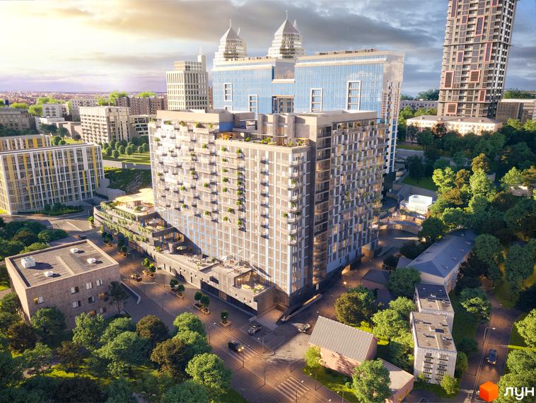 Житловий комплекс Neboshill: висока будівля зі світлим фасадом, балконами та озелененням, розташована серед зелених насаджень та доріг.