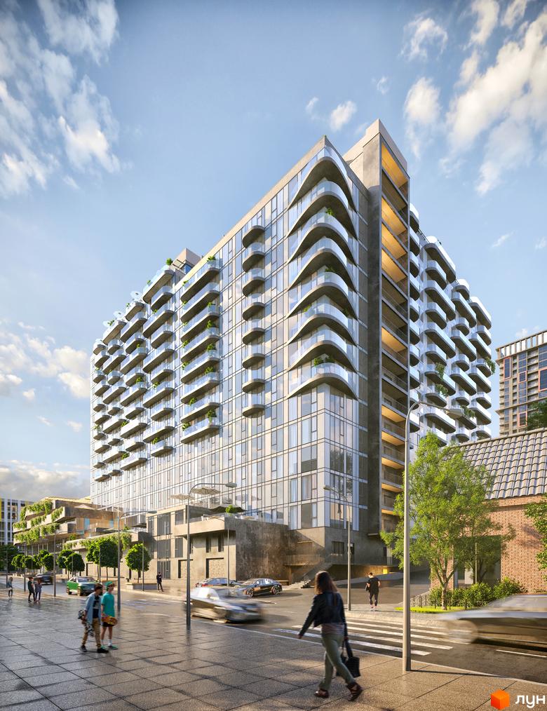 Житловий комплекс Neboshill має скляний фасад та хвилясті балкони. На прибудинковій території є вулиця, пішоходи та дерева.