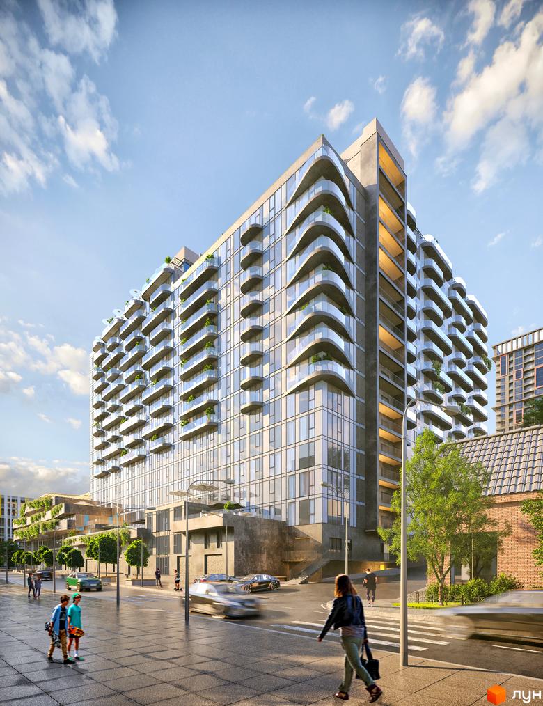 Житловий комплекс Neboshill: багатоповерховий будинок зі скляним фасадом та хвилястими балконами, поруч вулиця з пішоходами та деревами.