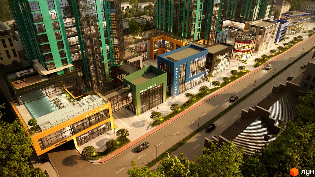 Житловий комплекс The Resort: фасади будівель, що виходять на вулицю, з магазинами на перших поверхах, та зона відпочинку з басейном на даху.