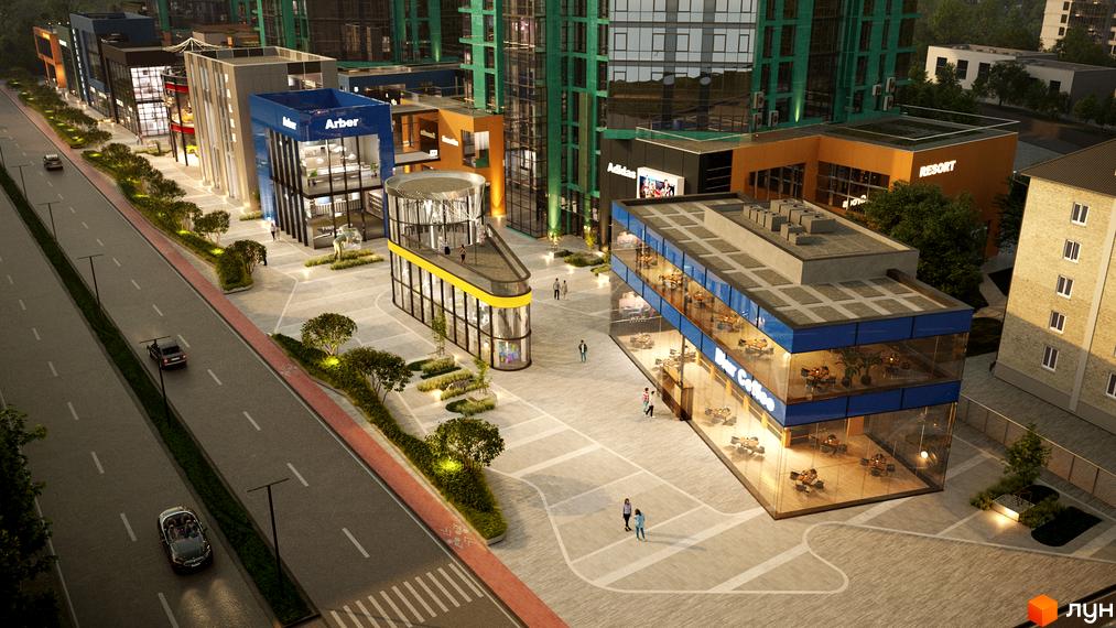 Житловий комплекс The Resort: фасади будівель з панорамним склінням та прибудинкова територія з пішохідними зонами та освітленням.