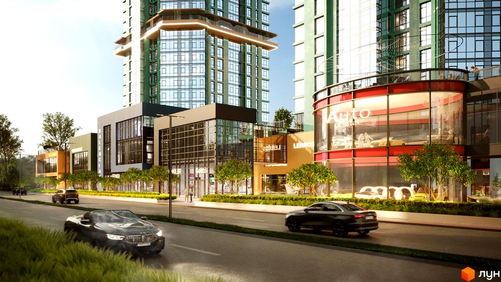 Житловий комплекс The Resort з фасадами з зелених панелей та панорамними вікнами, поруч розташовані магазини та дорога з автомобілями.