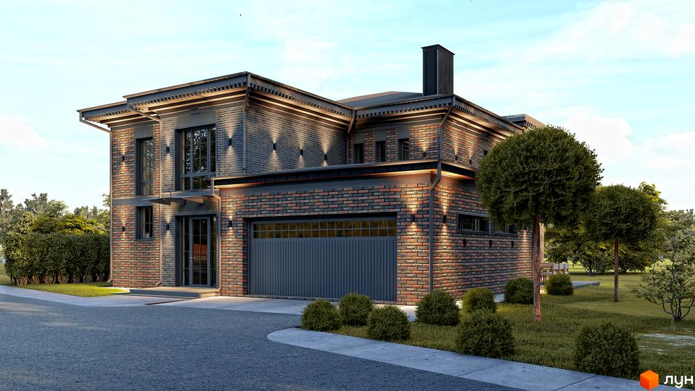 Котеджне містечко КМ LakeWood 2: двоповерховий будинок з цегляним фасадом та гаражем, оточений доглянутим ландшафтом з кущами та деревами.