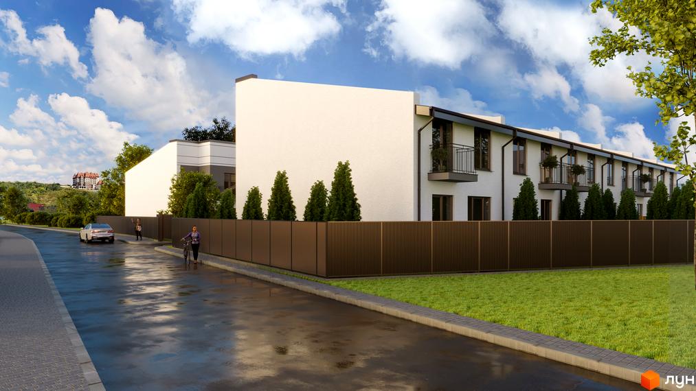 Таунхауси RIVERHOME з білими фасадами та балконами. Перед будинками розташований коричневий паркан та зелений газон.