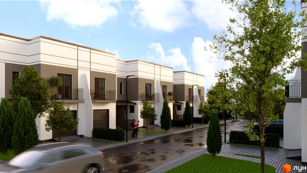 Таунхауси RIVERHOME – це сучасна забудова з акуратними фасадами та балконами, розташована вздовж доглянутої вулиці з деревами та газонами.