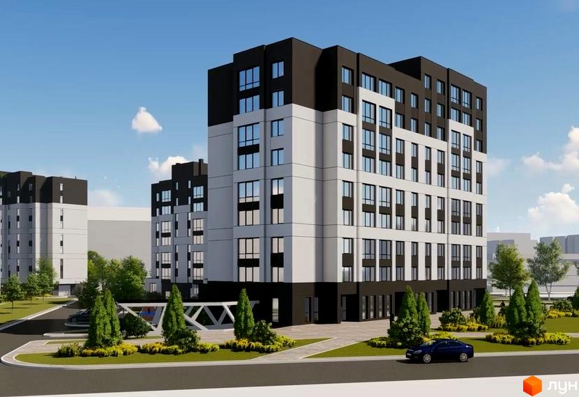 Новобудова ЖК Новий з біло-чорним фасадом та великими вікнами, поруч зелена прибудинкова територія з деревами та автомобілем.