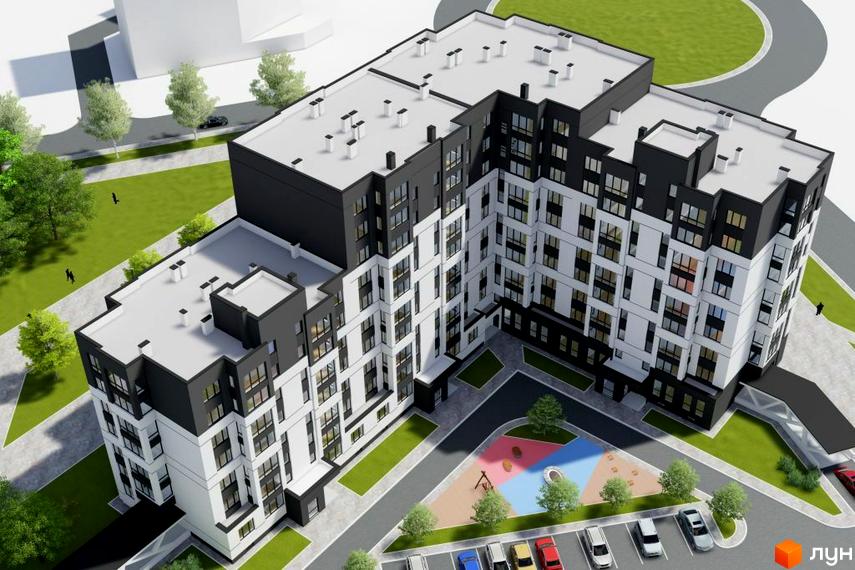 Зовнішній вигляд новобудови ЖК Новий з біло-чорним фасадом та прибудинковою територією з дитячим майданчиком та парковкою.