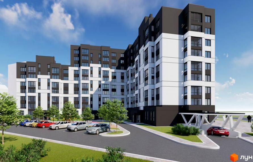 Зовнішній вигляд житлового комплексу Новий з біло-сірими фасадами та парковкою з автомобілями. Навколо новобудови розташовані дерева та зелена зона.