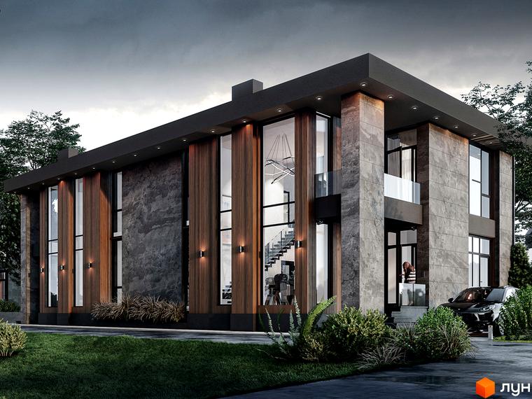 Зображення дуплексу Zubra House з великими вікнами та оздобленням з дерева та каменю. Навколо будинку зелений газон та декоративні кущі.