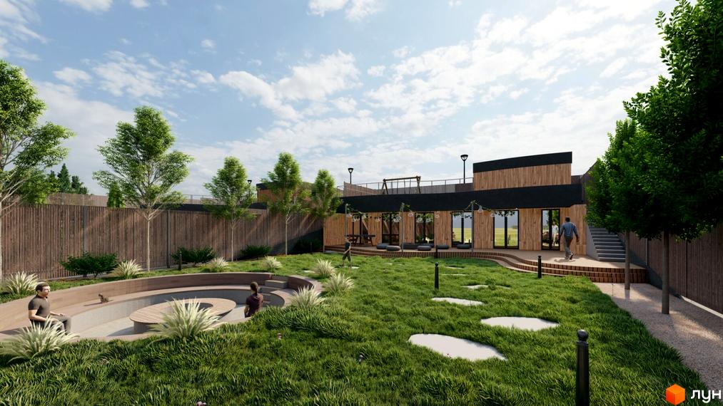 Котеджне містечко KRAIEVYD. Зовнішній вигляд будівель з дерев'яним оздобленням та прибудинкова територія з зеленим газоном і місцями для відпочинку.