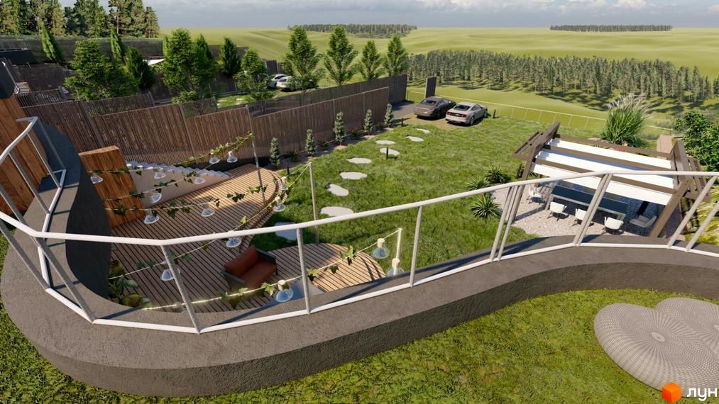 Котеджне містечко KRAIEVYD. Затишна тераса з дерев'яним настилом, зоною відпочинку та навісом для обідньої зони. Навколо зелена галявина, дерева та парковка.