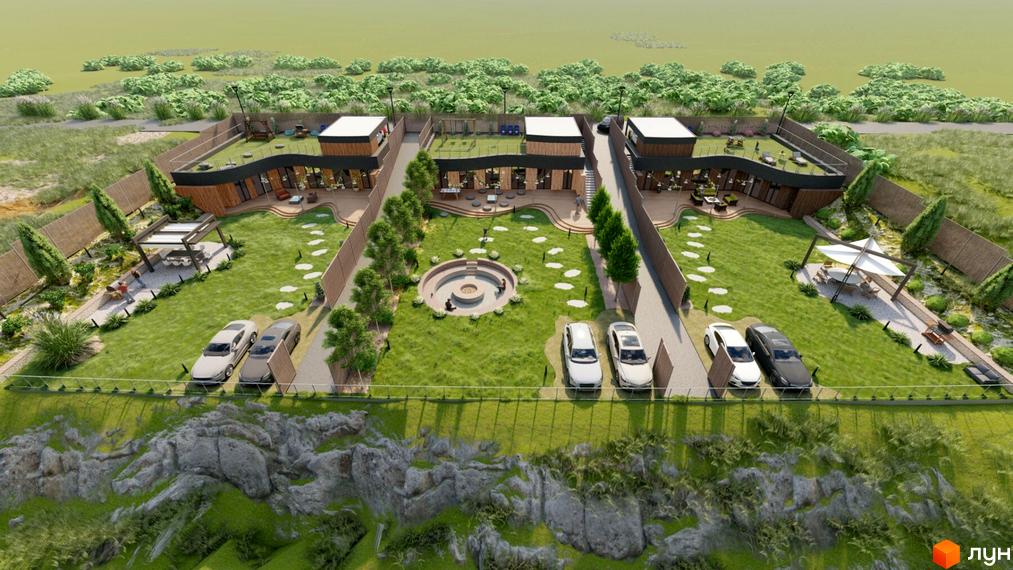 Котеджне містечко KRAIEVYD: сучасні будинки з плоскими дахами та великими вікнами, огороджені ділянки з зеленими газонами, зонами відпочинку та парковкою. На території є басейн, дитячий майданчик та зони для барбекю.