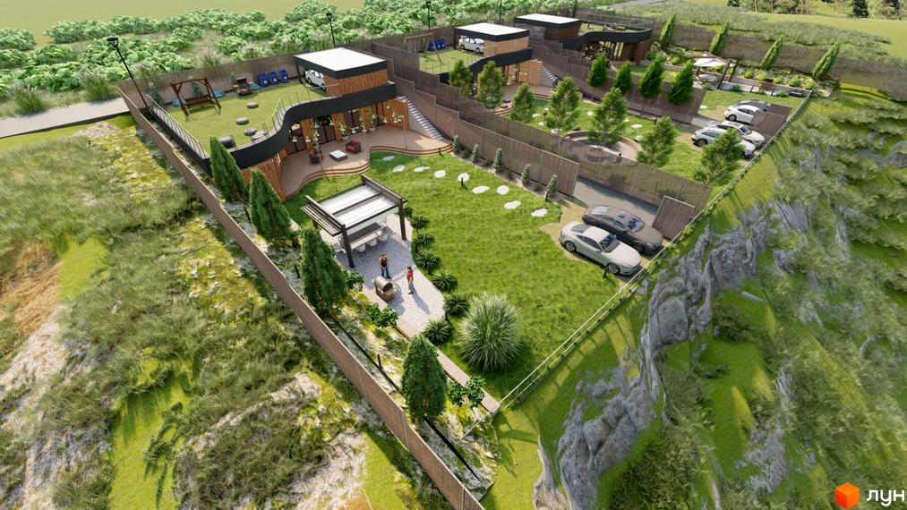 Котеджне містечко KRAIEVYD. Зовнішній вигляд будинків з плоскими дахами та дерев'яними елементами. Прибудинкова територія з зеленими зонами, альтанкою та парковкою.