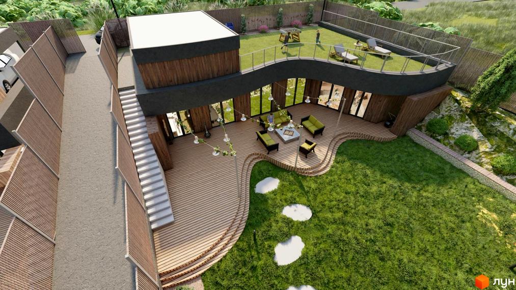 Котеджне містечко KRAIEVYD. Зовнішній вигляд будинку з великою терасою та зеленим дахом. Навколо будинку доглянутий двір з газоном та деревами.