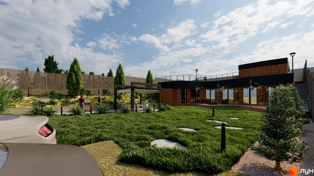 Котеджне містечко KRAIEVYD. Будинок з дерев'яним фасадом та великими вікнами, огороджена територія з зеленим газоном та альтанкою.