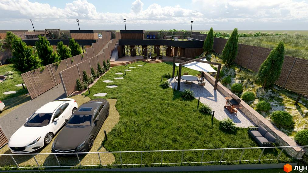 Котеджне містечко KRAIEVYD: сучасний двоповерховий будинок з панорамними вікнами та доглянутою прибудинковою територією з зоною відпочинку та парковкою.