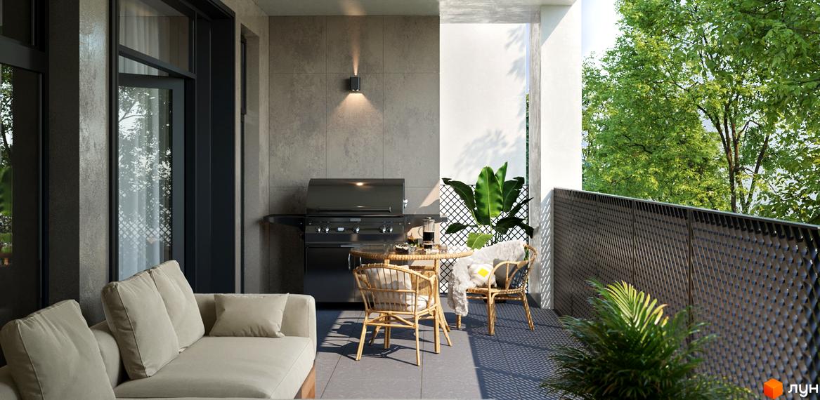 Сучасний балкон з грилем та зоною відпочинку в ЖК Apartment like House. Насолоджуйтесь затишними вечорами на відкритому повітрі.