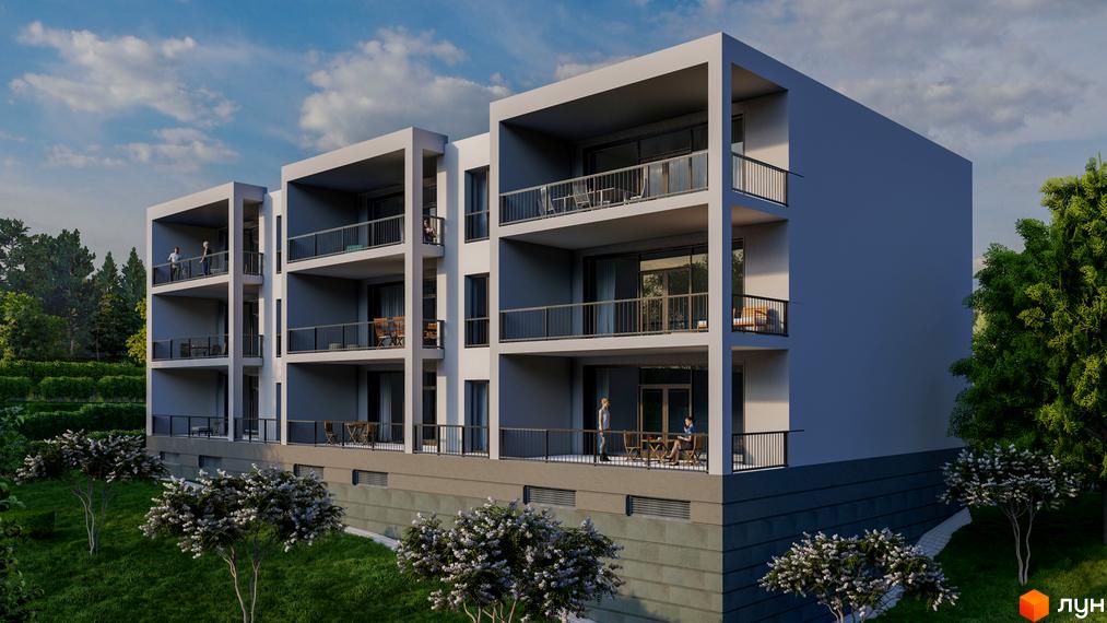 Сучасна новобудова ЖК Apartment like House з балконами та панорамними вікнами на тлі зеленого ландшафту та блакитного неба.