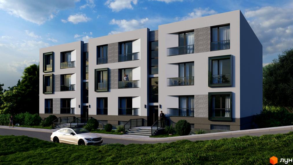 Зовнішній вигляд будинку ЖК Apartment like House з балконами та вікнами, поруч прибудинкова територія з автомобілем та деревами.