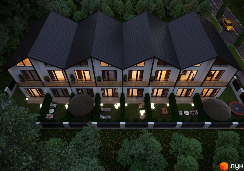 Таунхауси „Лісова Казочка“ з темними дахами та білими фасадами, розташовані серед дерев, з доглянутими подвір'ями та місцями для відпочинку.