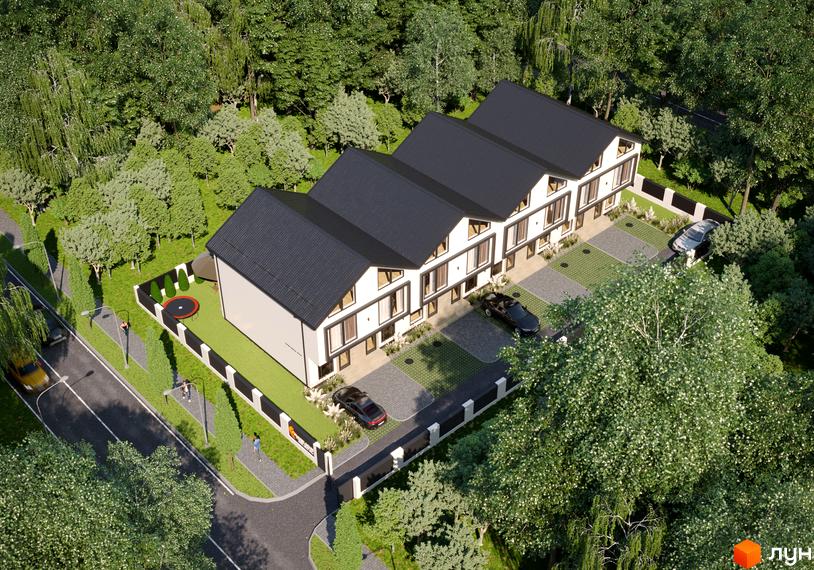 Таунхауси „Лісова Казочка“ з чорними дахами та білими фасадами, розташовані серед дерев. На прибудинковій території видно паркомісця та зелені зони.