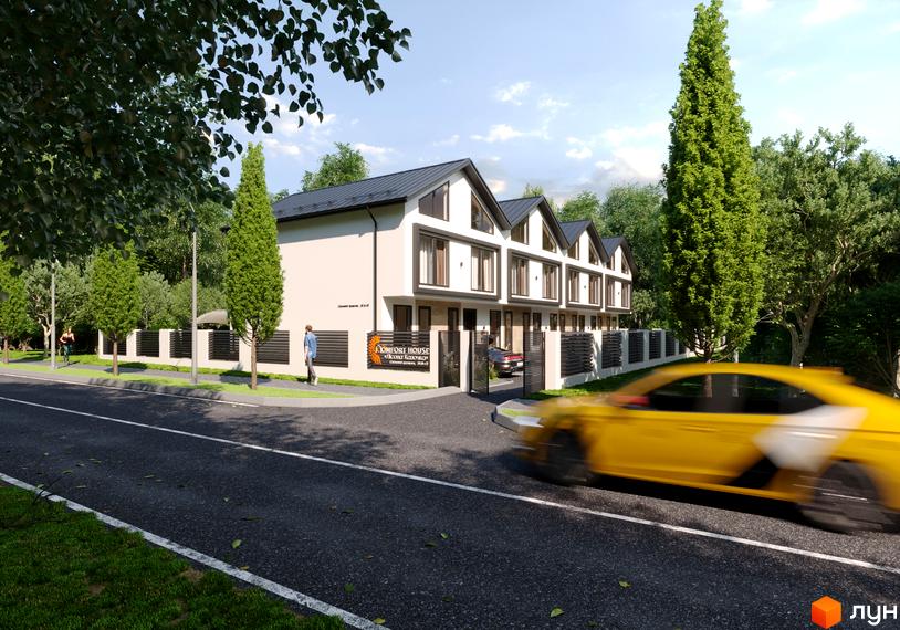 Таунхауси „Лісова Казочка“ з білими фасадами та темними дахами, розташовані вздовж дороги з зеленою прибудинковою територією та парканом.