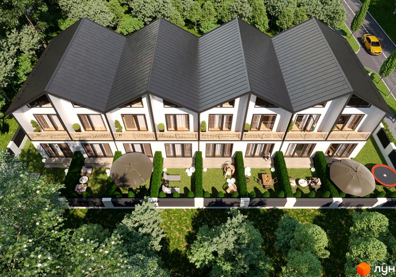 Таунхауси „Лісова Казочка“ з темними дахами та білими фасадами, оточені зеленим газоном та зонами відпочинку.