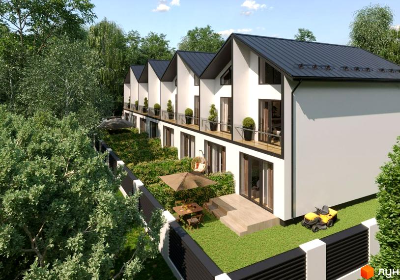 Таунхауси „Лісова Казочка“ з білими фасадами та темними дахами, балконами та зеленим подвір'ям з зоною відпочинку та газонокосаркою.