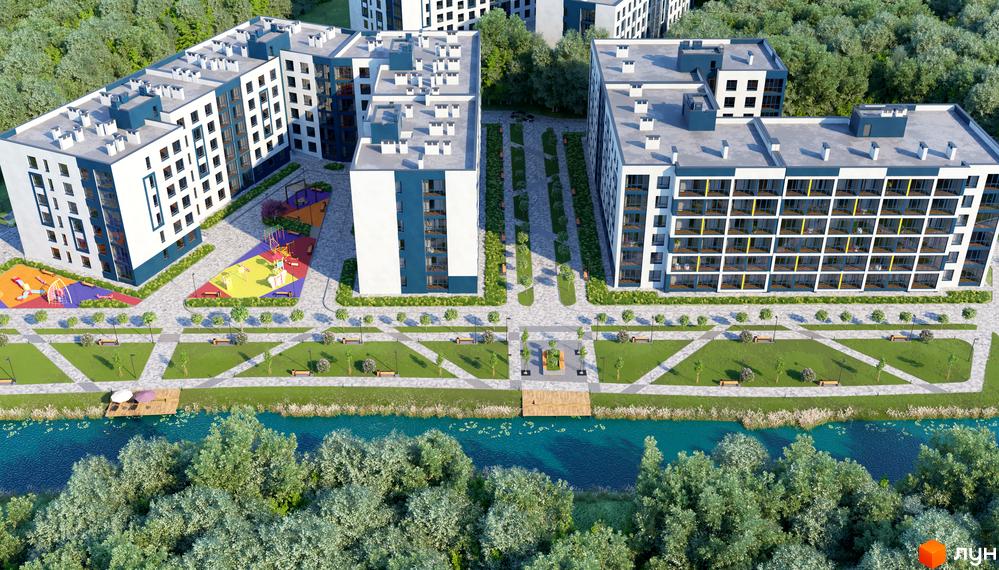 Житловий комплекс Сенсація: сучасні новобудови з балконами та прибудинковою територією біля водойми. Огляд архітектури та ландшафтного дизайну.