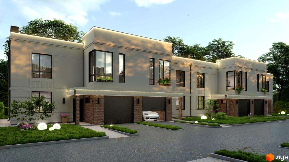 Зображення фасаду будинку Житловий комплекс по вул. Яблунева, 4-6. На фото видно гаражі, вікна з квітами та доглянуту прибудинкову територію з газонами та декоративним освітленням.