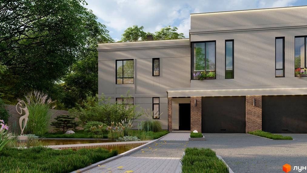 Зовнішній вигляд будинку ЖК на вулиці Яблунева, 4-6 з темними гаражними воротами та доглянутою прибудинковою територією з водоймою та скульптурою.