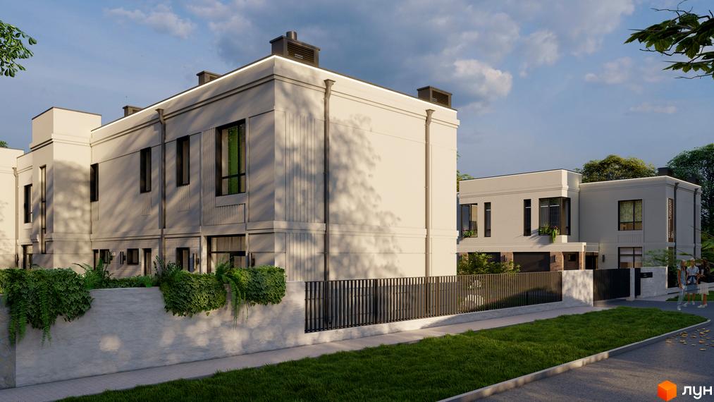 Зображення фасаду будинку Житловий комплекс по вул. Яблунева, 4-6. На передньому плані газон та огорожа, на задньому - будівлі з великими вікнами.