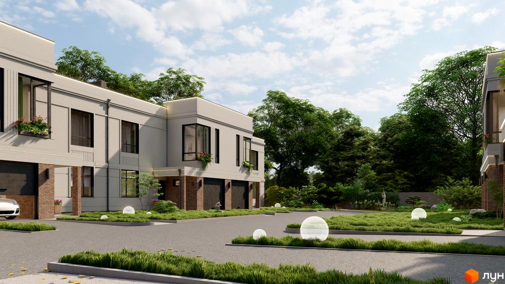 Зображення житлового комплексу. Білі будинки з темними вікнами та гаражами. На території газон з декоративним освітленням та дерева.