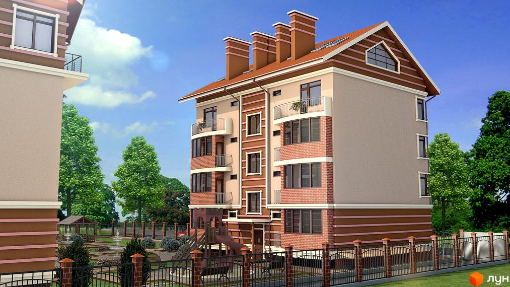 Житловий комплекс Жемчужина з фасадом у світлих тонах та балконами. Прибудинкова територія з зеленими насадженнями та дитячим майданчиком.