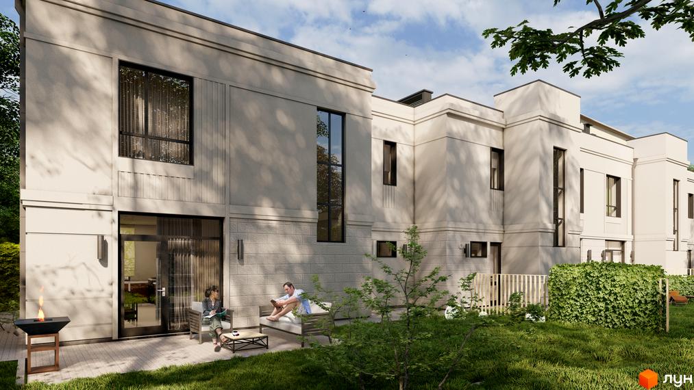 Зображення фасаду будинку ЖК на вулиці Яблунева, 4-6. Світлий будинок з великими вікнами, терасою та газоном.