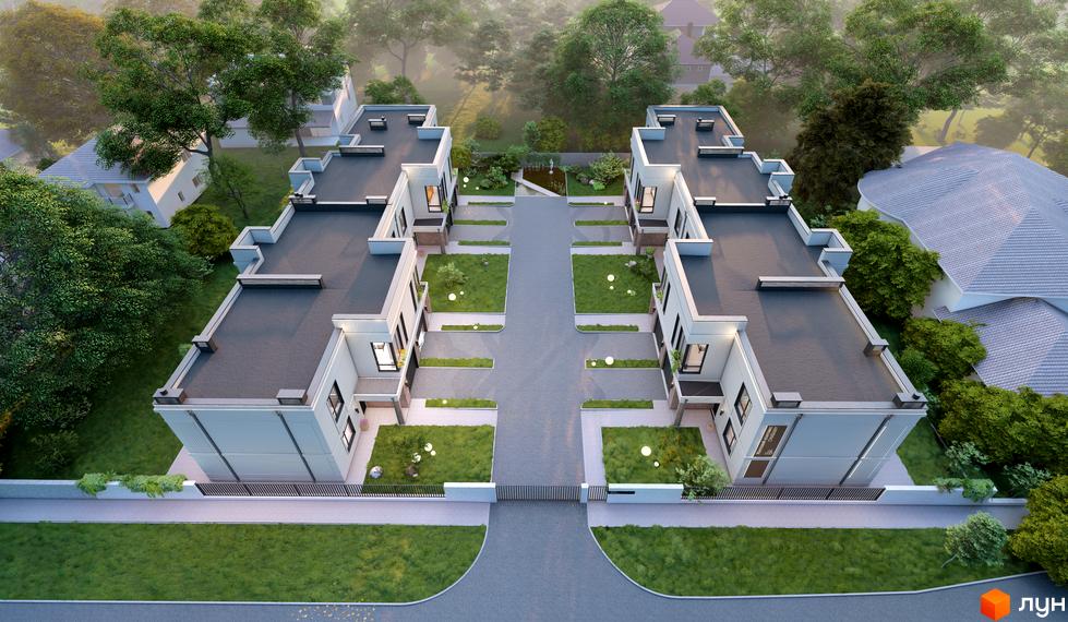 Вид зверху на будинки житлового комплексу з плоскими дахами та доглянутою прибудинковою територією з газонами та алеєю.