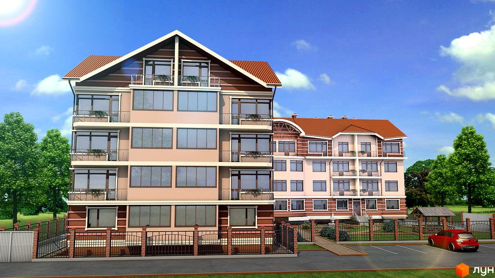 Зовнішній вигляд житлового комплексу ЖК Жемчужина, з великими вікнами та балконами. Прибудинкова територія з зеленими насадженнями та паркувальними місцями.