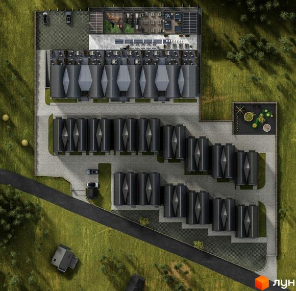 AMA FAMILY RESORT - вид зверху на житловий комплекс з численними будинками та доглянутою прибудинковою територією.