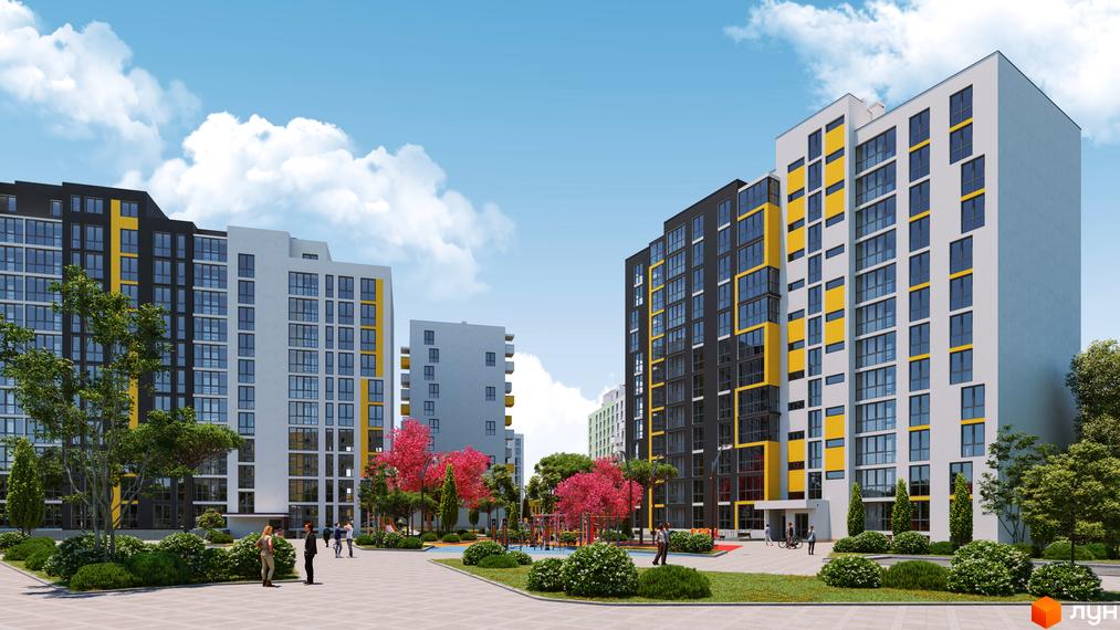 Житловий комплекс Riel City з сучасними фасадами та прибудинковою територією з деревами та дитячим майданчиком.