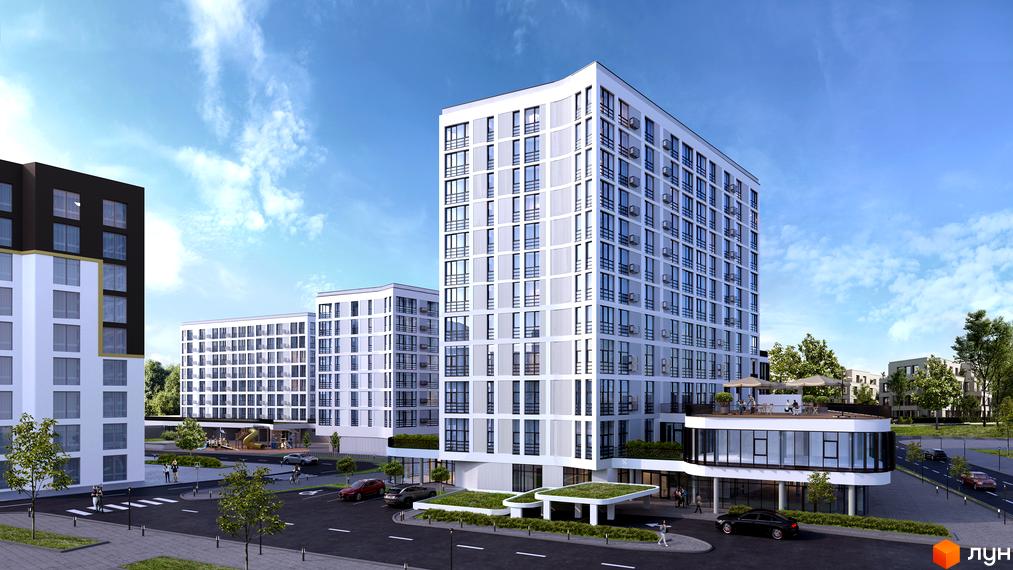 Високоповерховий будинок Житлового комплексу Шенген з панорамними вікнами та доглянутою прибудинковою територією з парковкою та зеленими насадженнями.