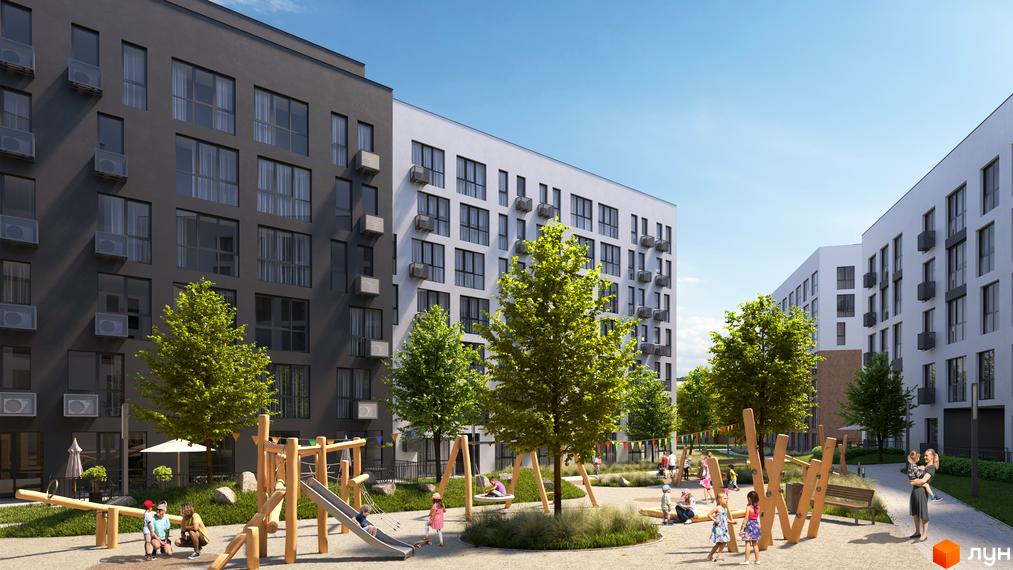 Житловий комплекс Містечко Підзамче: сірі та білі будівлі з кондиціонерами, дитячий майданчик з гірками та гойдалками, дерева та зелень.