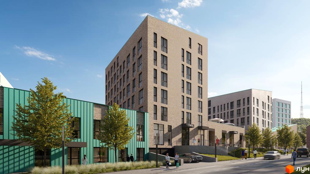 Житловий комплекс Містечко Підзамче: фасади будівель з цегли та металевих панелей, зелені насадження та доглянута прибудинкова територія.