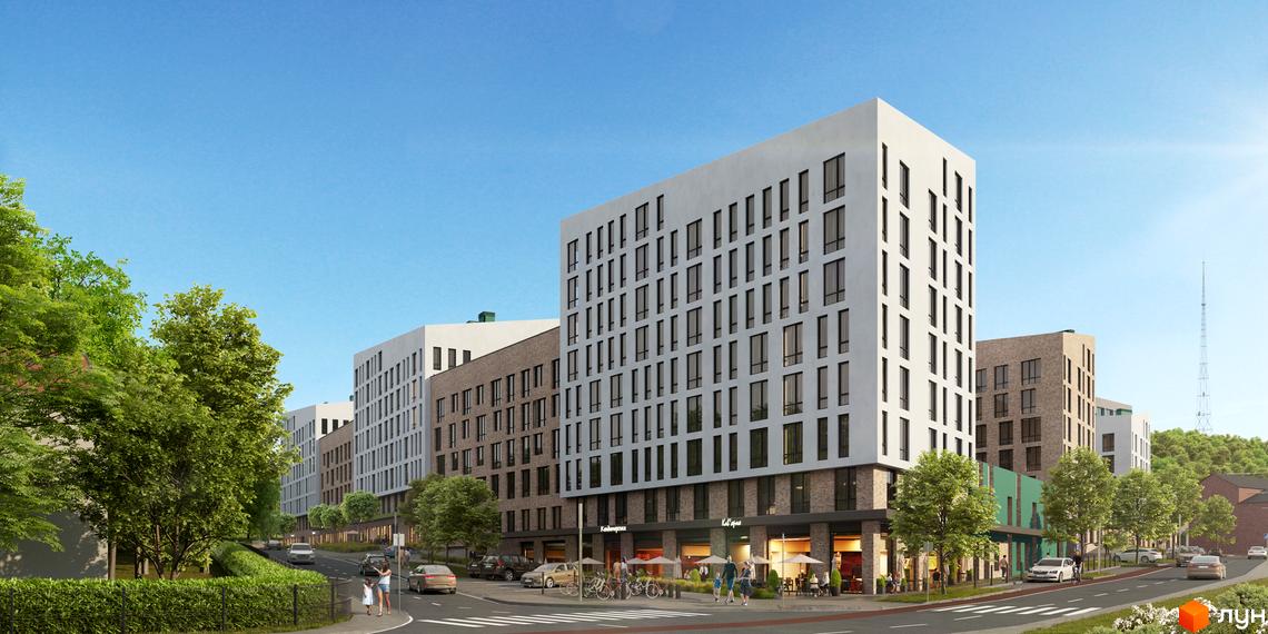 Зовнішній вигляд новобудови Містечко Підзамче з білими та цегляними фасадами та прибудинковою територією з деревами та дорогою.