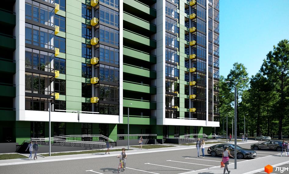 Житловий комплекс Київські Зорі-2. Багатоповерховий будинок з великими вікнами та балконами. На території парковка та зелені насадження.