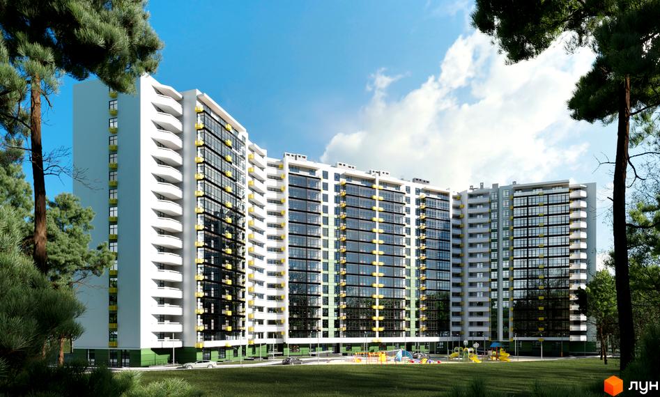 Житловий комплекс Київські Зорі-2 - це багатоповерховий будинок з панорамним склінням та балконами, розташований на фоні зеленої зони та дитячого майданчика.