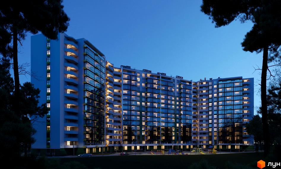 Багатоповерховий будинок ЖК Київські Зорі-2 з панорамними вікнами, підсвічуванням та прибудинковою територією з дитячим майданчиком.
