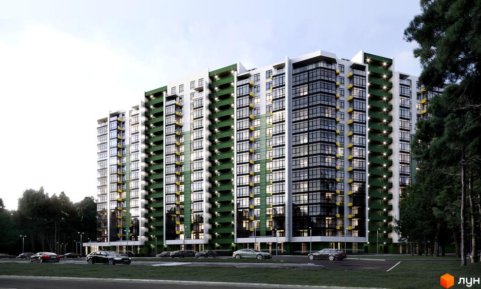 Висотна новобудова ЖК Київські Зорі-2 з зеленими балконами та панорамним склінням. На території комплексу є парковка та зелені насадження.