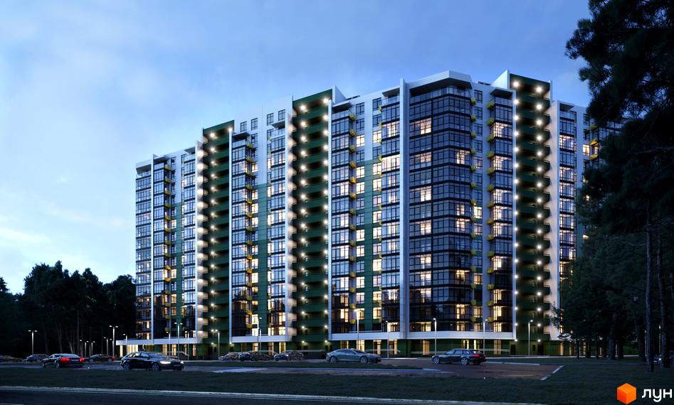 Висотна новобудова ЖК Київські Зорі-2 з великими вікнами та зеленими балконами. На прибудинковій території є парковка та дерева.