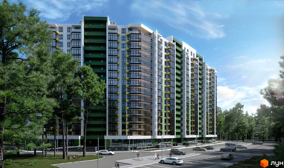 Висотна будівля ЖК Київські Зорі-2 з великими вікнами та зеленими балконами. На передньому плані зелені дерева, а на території є парковка та тротуари.